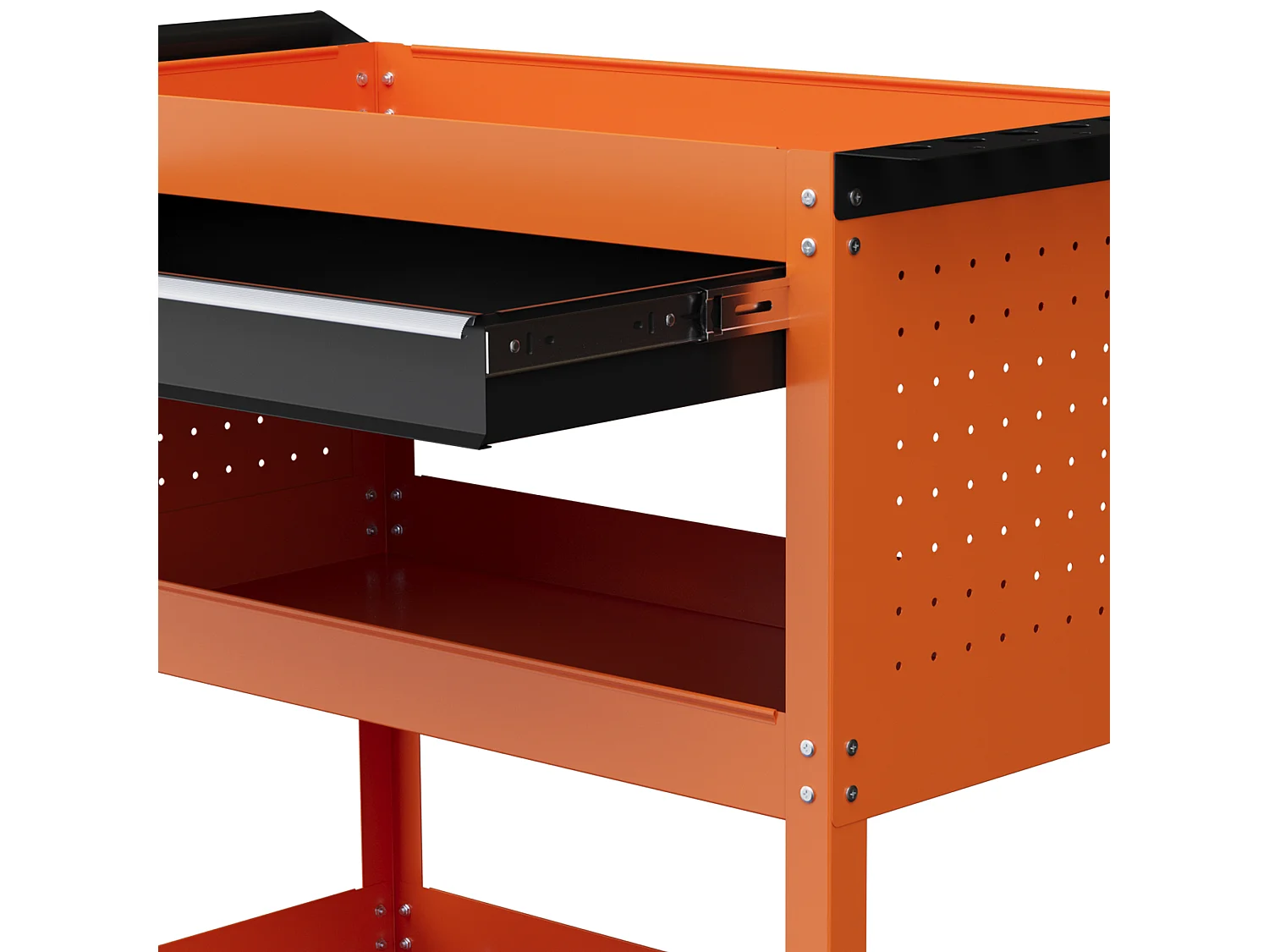 Carrello porta attrezzi con cassetto e 3 ripiani in acciaio arancione