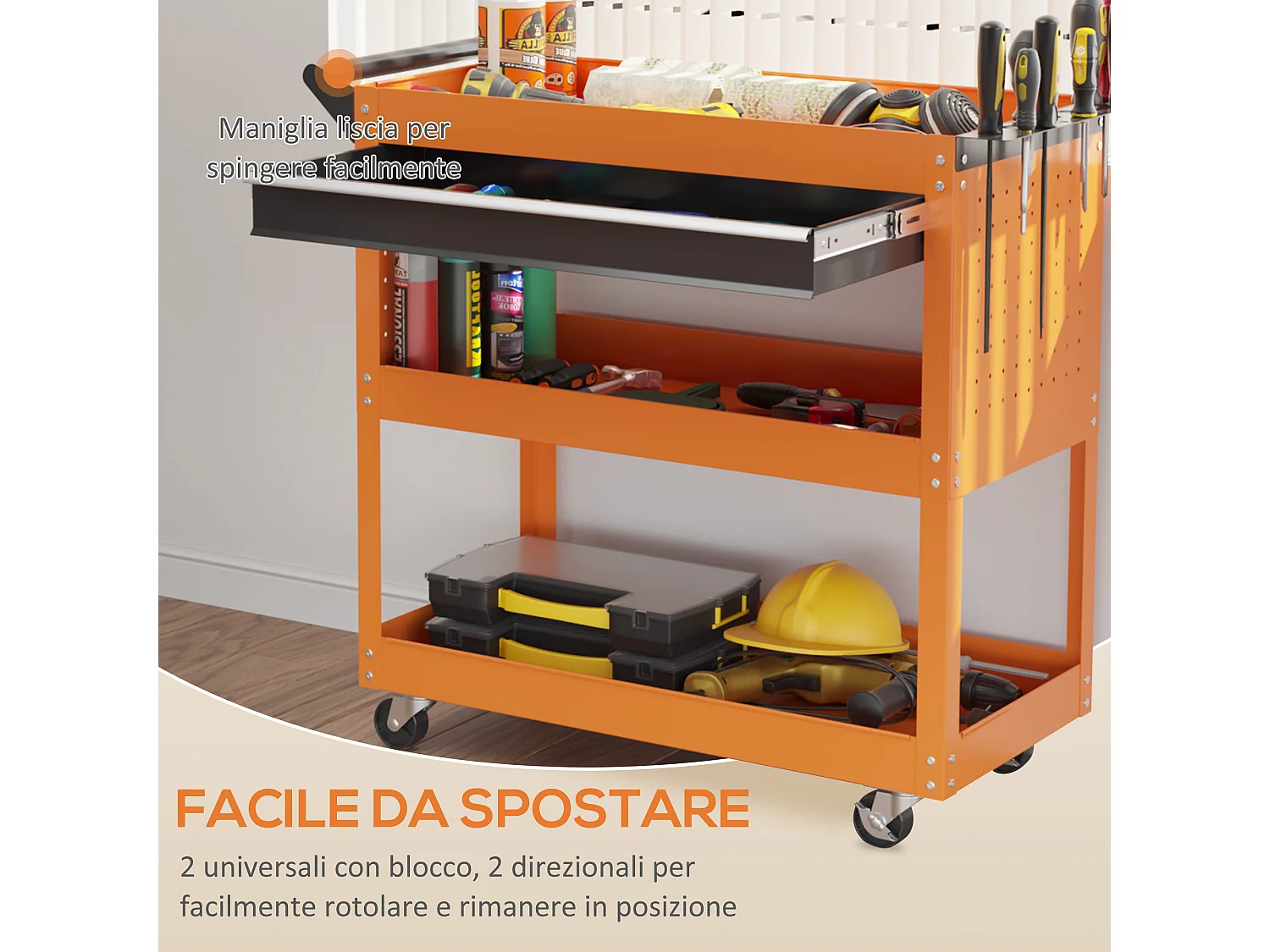 Carrello porta attrezzi con cassetto e 3 ripiani in acciaio arancione