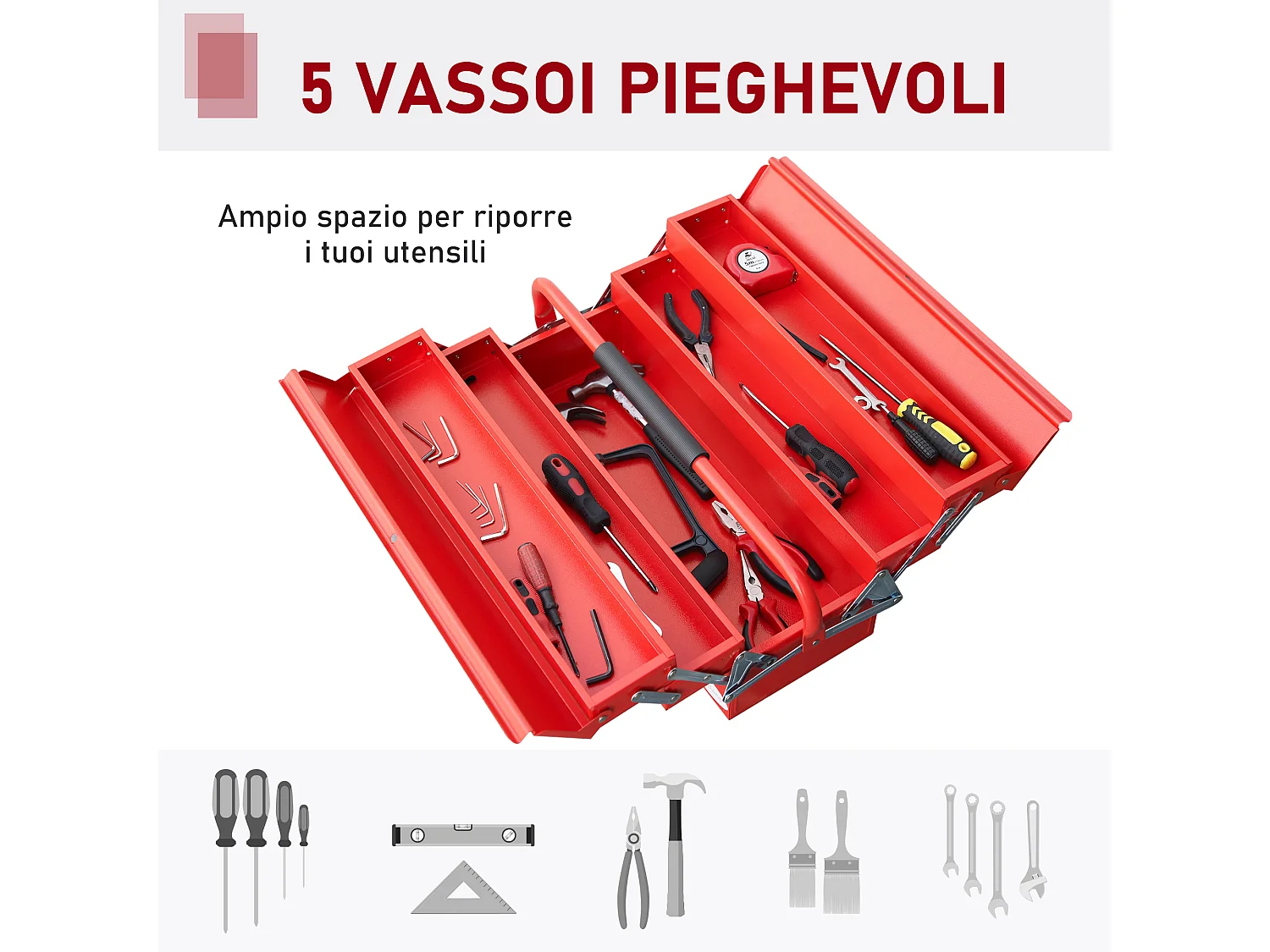 Cassetta porta attrezzi in acciaio pieghevole a 5 vassoi rosso