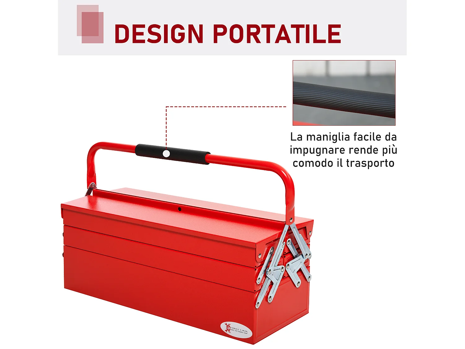 Cassetta porta attrezzi in acciaio pieghevole a 5 vassoi rosso