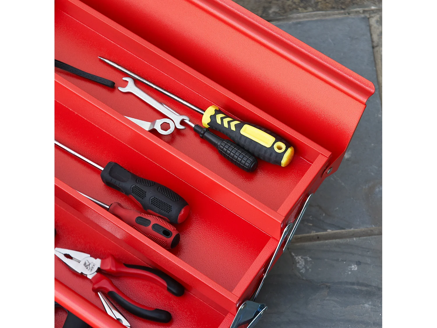 Cassetta porta attrezzi in acciaio pieghevole a 5 vassoi rosso