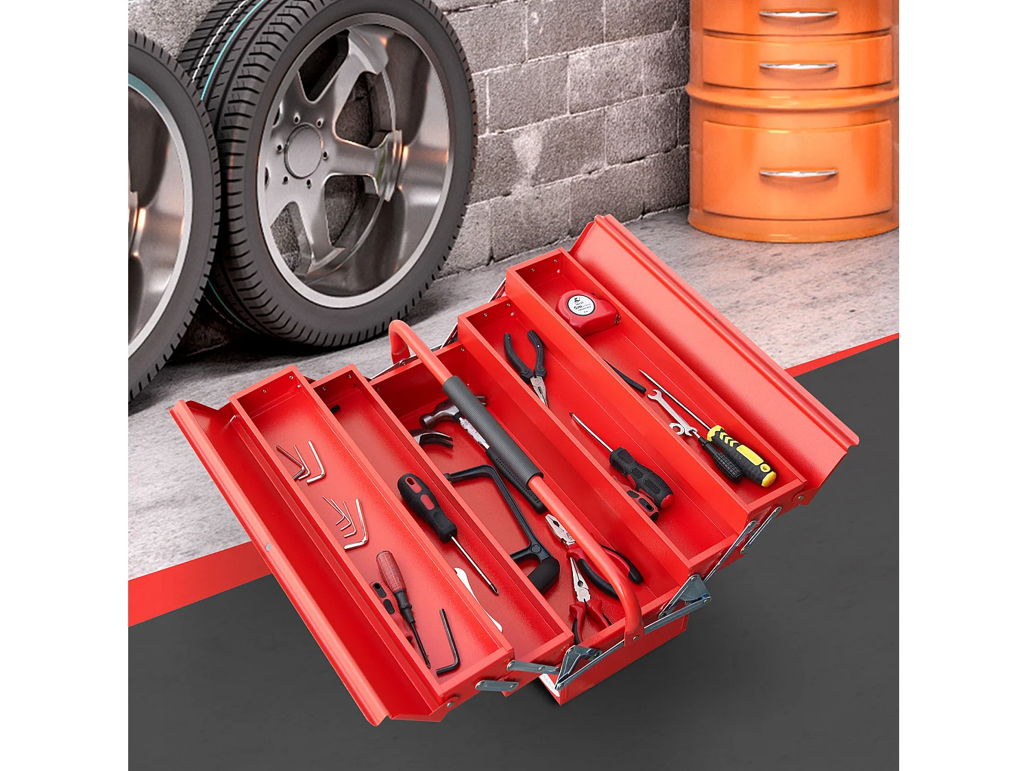 Cassetta porta attrezzi in acciaio pieghevole a 5 vassoi rosso