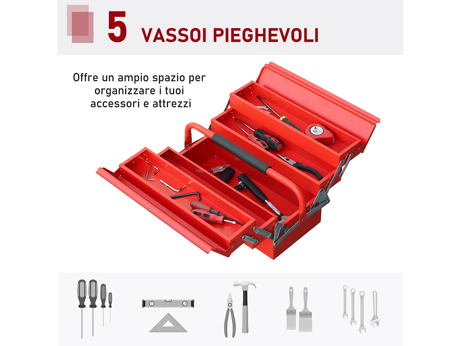 Cassetta porta attrezzi in metallo con 5 vassoi e 3 ripiani