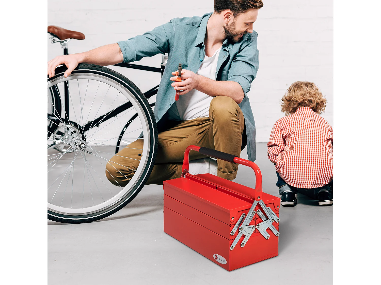 Cassetta porta attrezzi in metallo con 5 vassoi e 3 ripiani