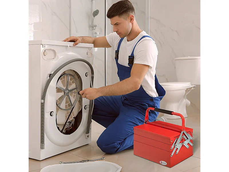 Cassetta porta attrezzi in metallo con 5 vassoi e 3 ripiani