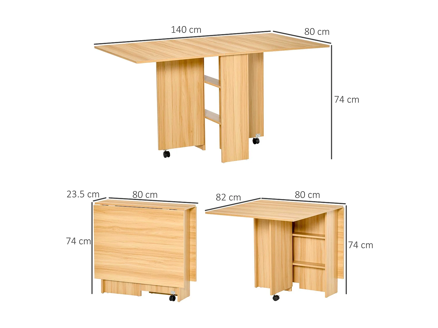 Tavolo pieghevole multiuso con ruote e 2 ribalte colore legno