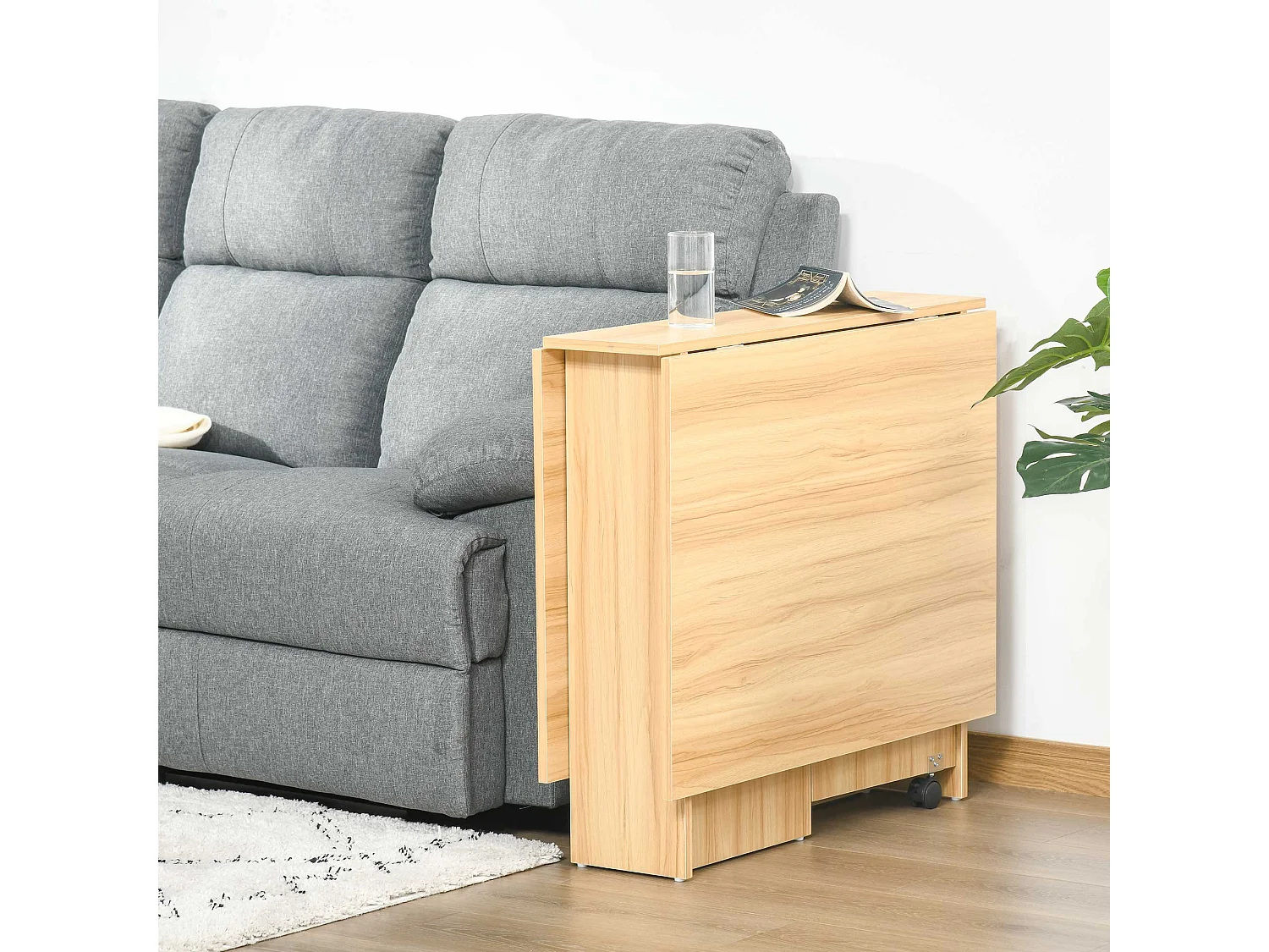 Tavolo pieghevole multiuso con ruote e 2 ribalte colore legno