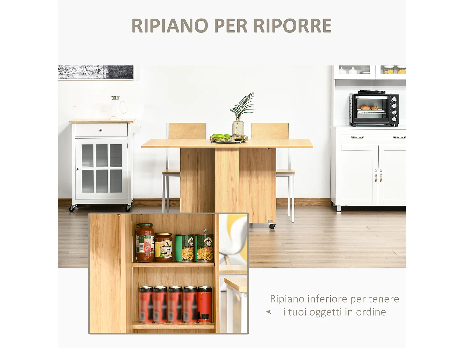 Tavolo pieghevole multiuso con ruote e 2 ribalte colore legno