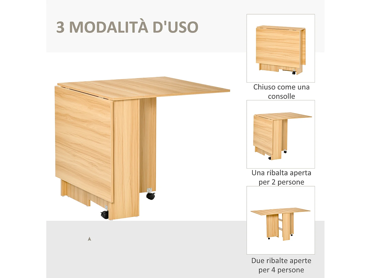 Tavolo pieghevole multiuso con ruote e 2 ribalte colore legno