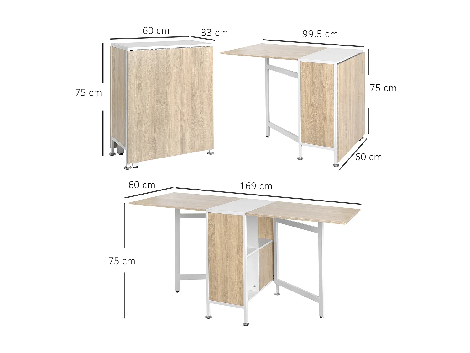 Tavolo pieghevole multiuso con 2 ribalte e 4 ripiani 169x60x75 cm