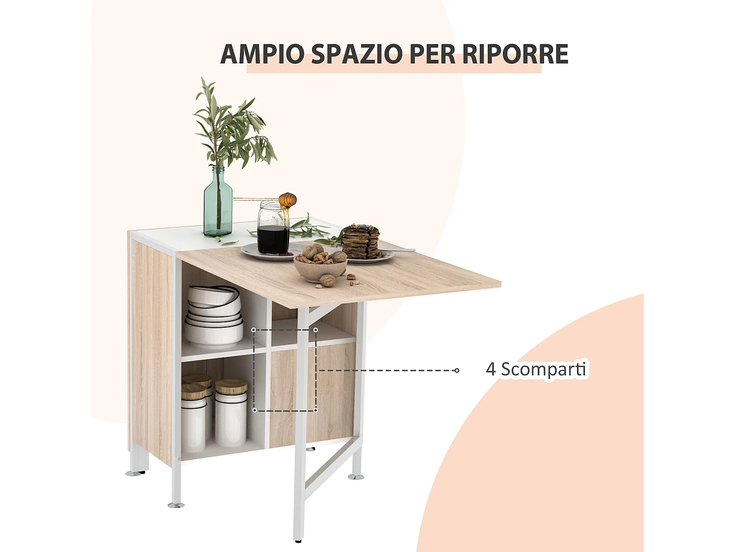 Tavolo pieghevole multiuso con 2 ribalte e 4 ripiani 169x60x75 cm