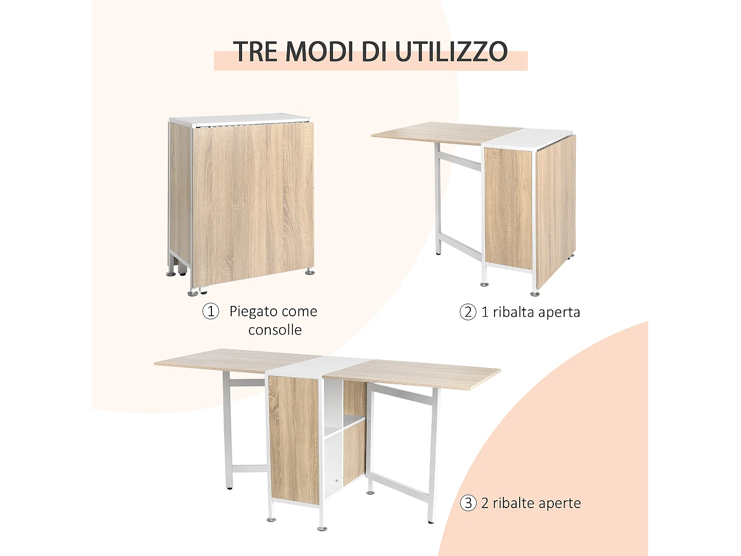 Tavolo pieghevole multiuso con 2 ribalte e 4 ripiani 169x60x75 cm