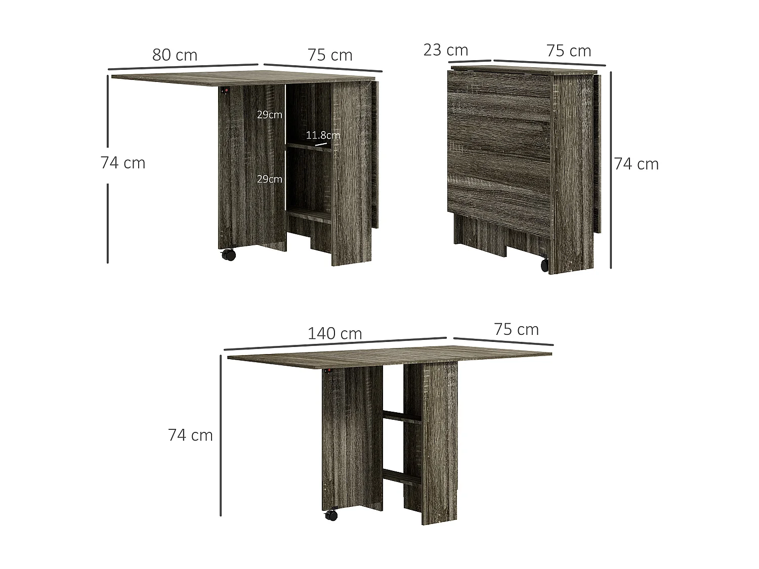 Tavolo a ribalta con 2 ripiani per 6 persone in legno grigio