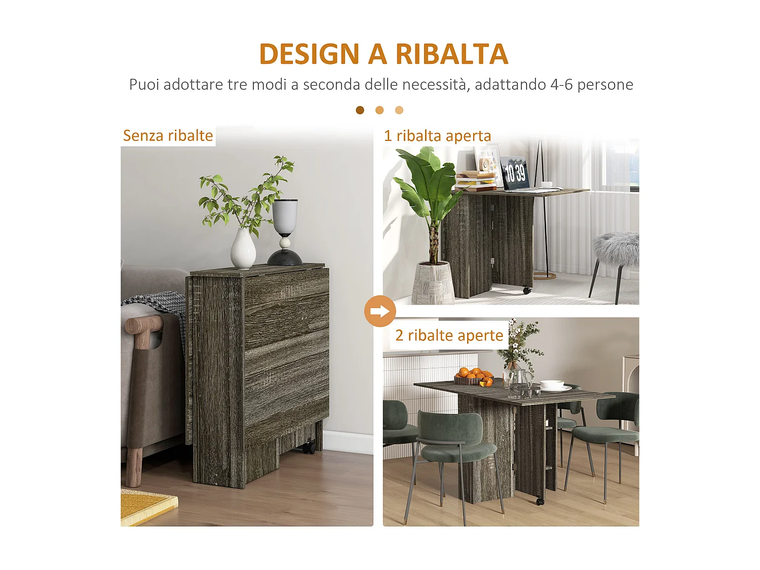 Tavolo a ribalta con 2 ripiani per 6 persone in legno grigio