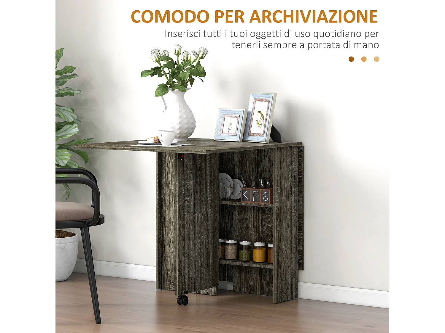 Tavolo a ribalta con 2 ripiani per 6 persone in legno grigio