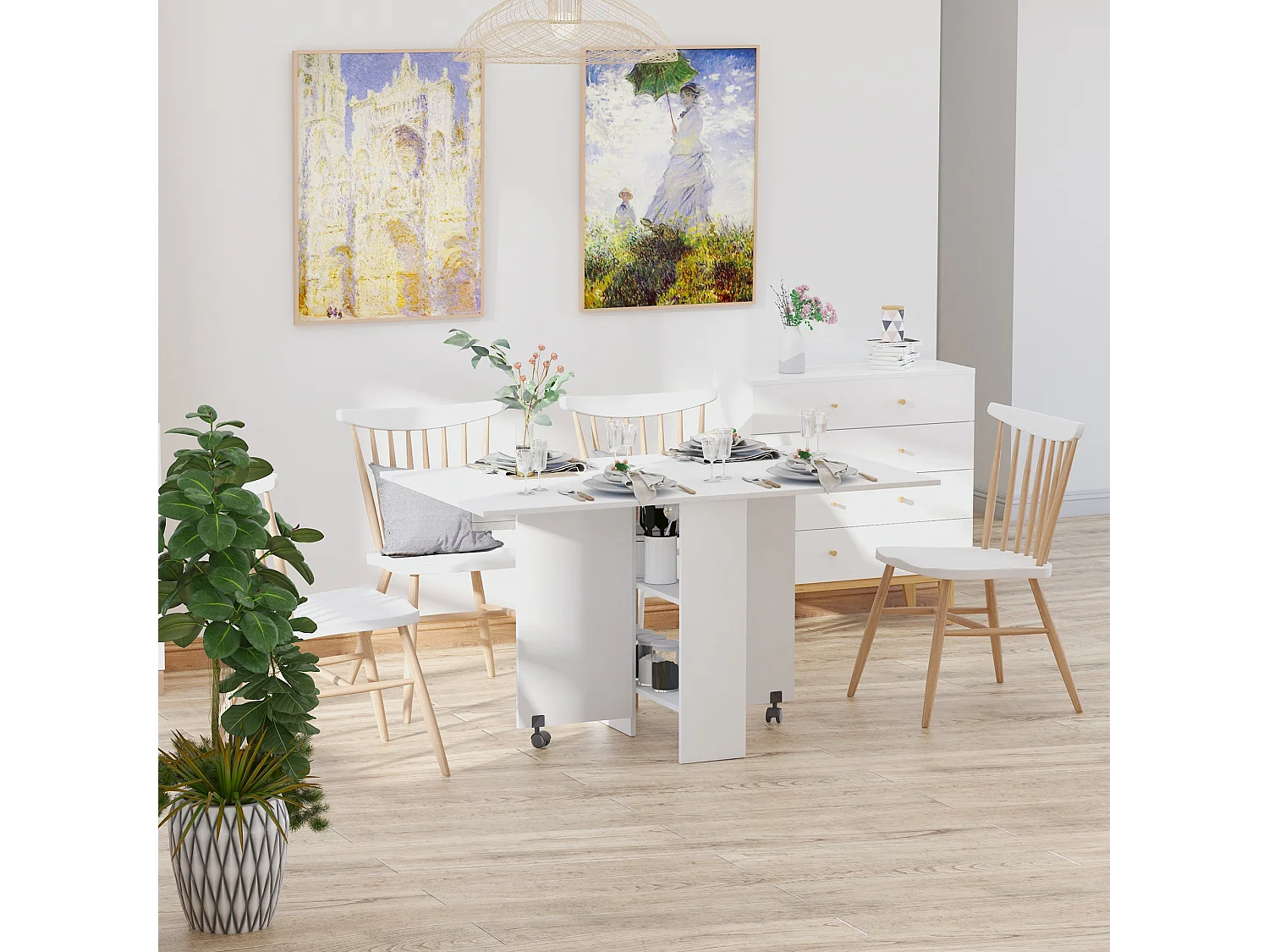 Tavolo pieghevole rettangolare 4-6 persone con 2 ruote in legno