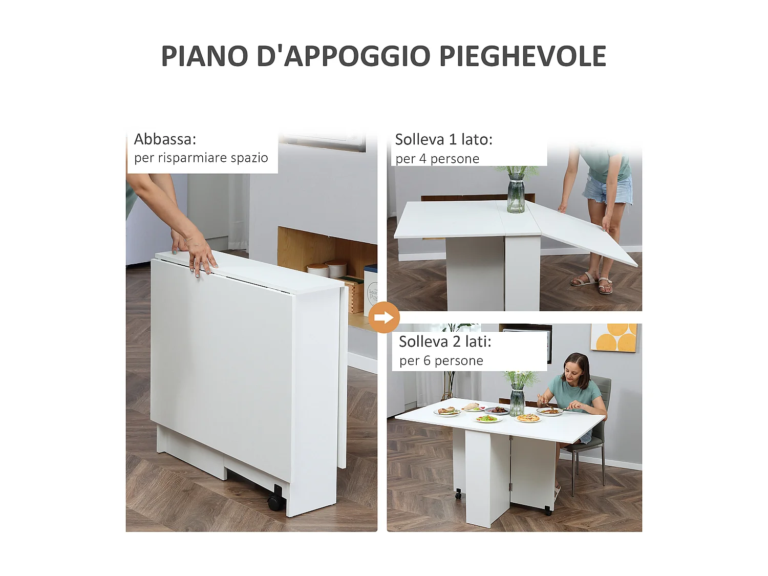 Tavolo pieghevole rettangolare 4-6 persone con 2 ruote in legno