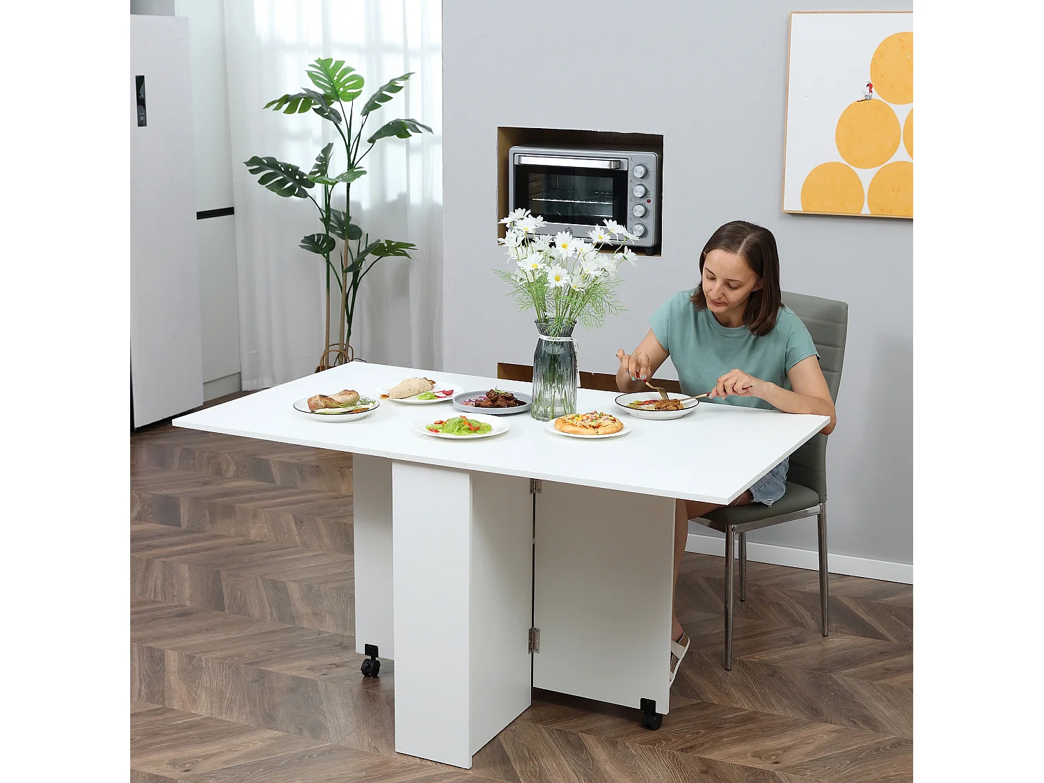 Tavolo pieghevole rettangolare 4-6 persone con 2 ruote in legno