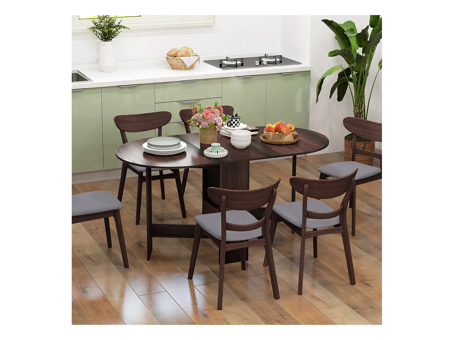 Tavolo pieghevole da pranzo con 2 ribalte ovale in legno marrone