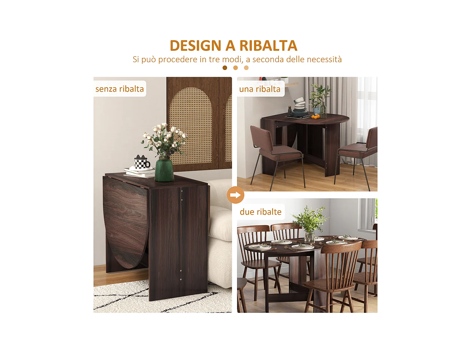 Tavolo pieghevole da pranzo con 2 ribalte ovale in legno marrone