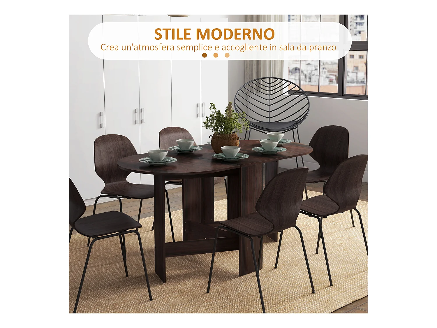 Tavolo pieghevole da pranzo con 2 ribalte ovale in legno marrone