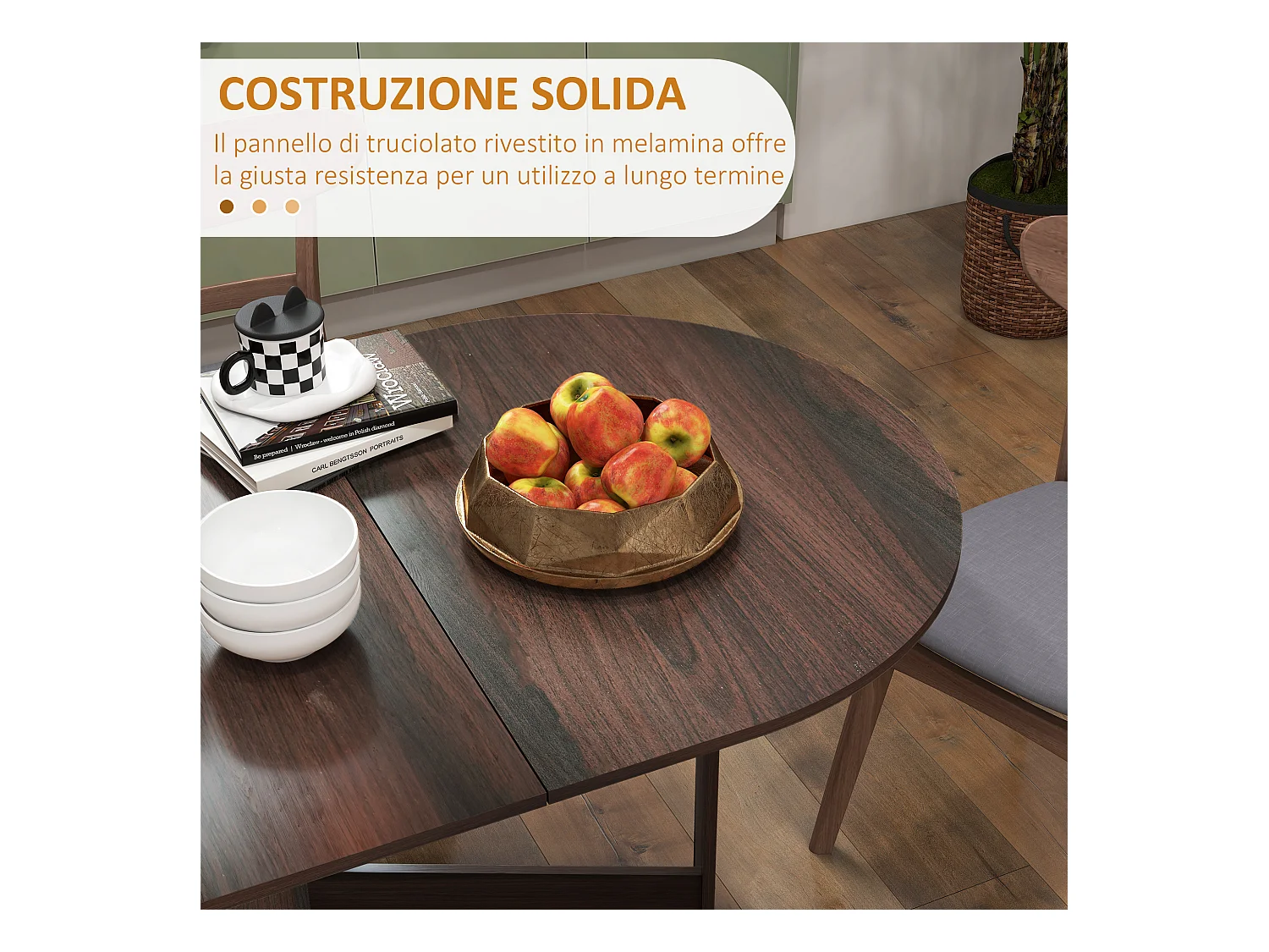 Tavolo pieghevole da pranzo con 2 ribalte ovale in legno marrone