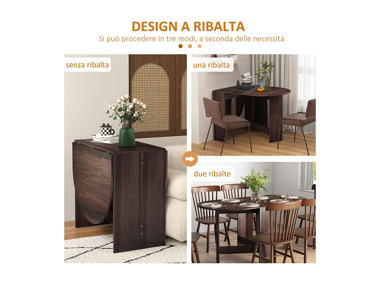 Tavolo pieghevole da pranzo con 2 ribalte ovale in legno marrone