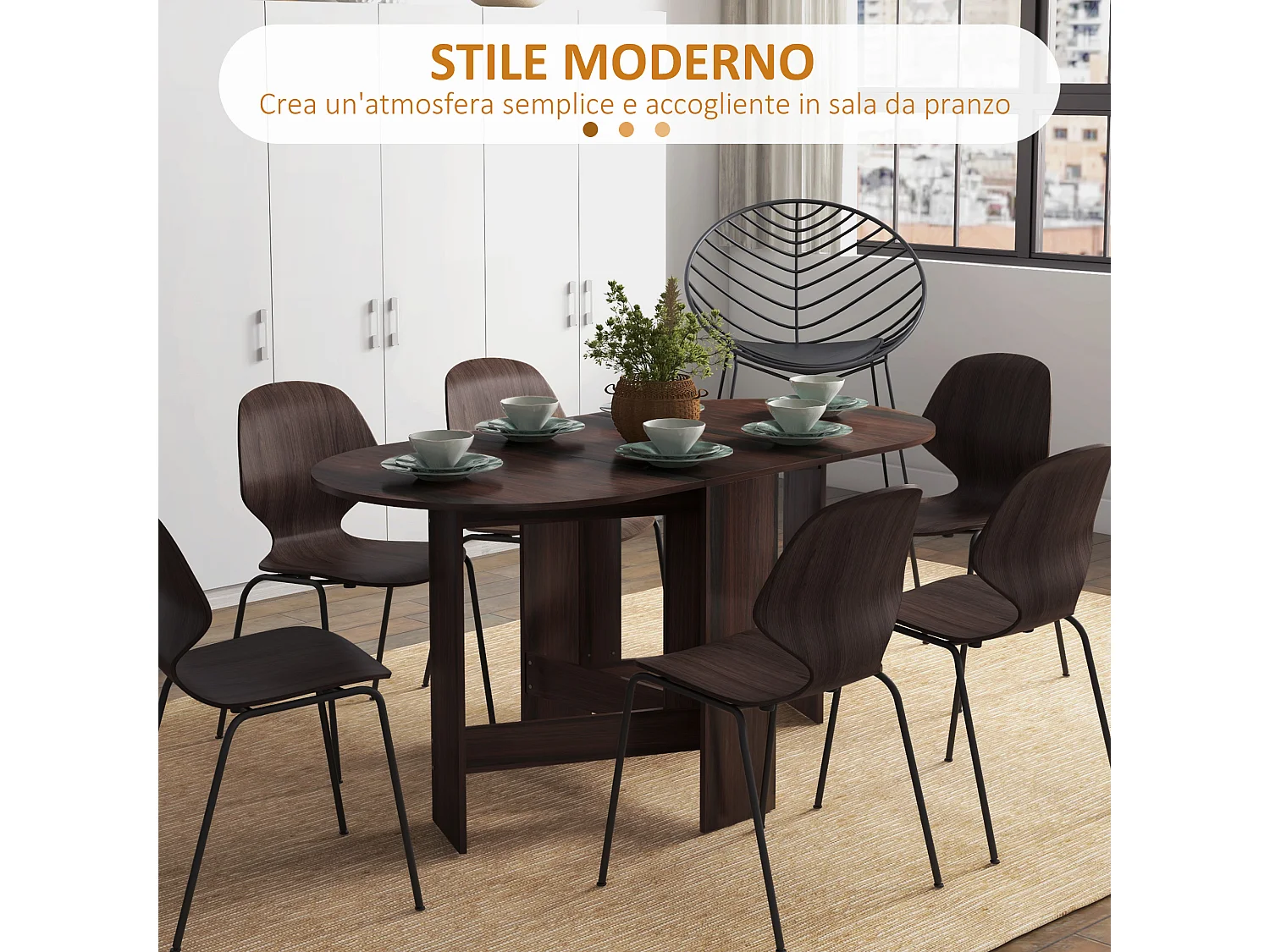 Tavolo pieghevole da pranzo con 2 ribalte ovale in legno marrone