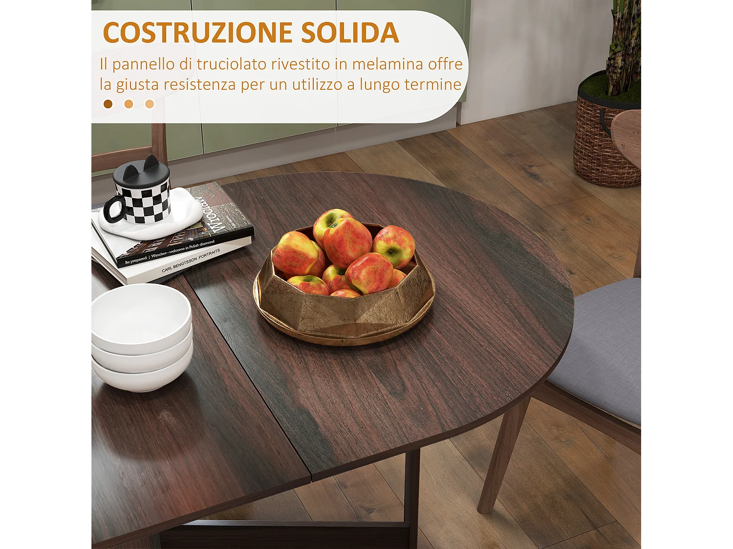 Tavolo pieghevole da pranzo con 2 ribalte ovale in legno marrone