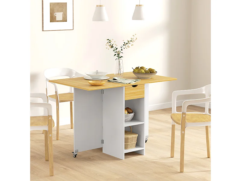 Tavolo pieghevole a 2 ribalte con cassetto e ripiani quercia