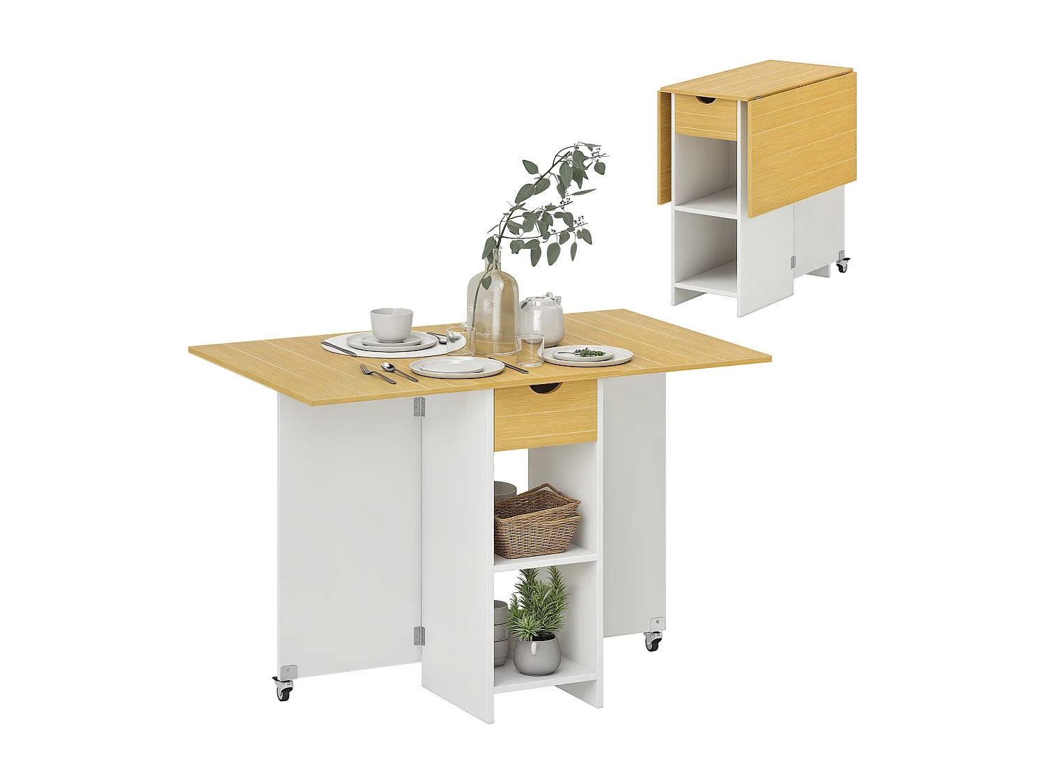 Tavolo pieghevole a 2 ribalte con cassetto e ripiani quercia