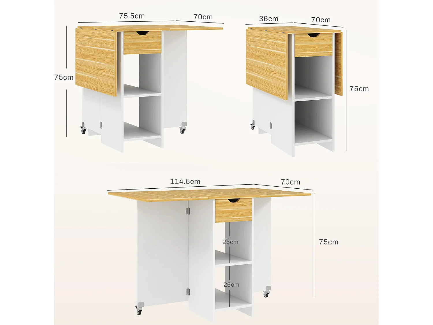Tavolo pieghevole a 2 ribalte con cassetto e ripiani quercia