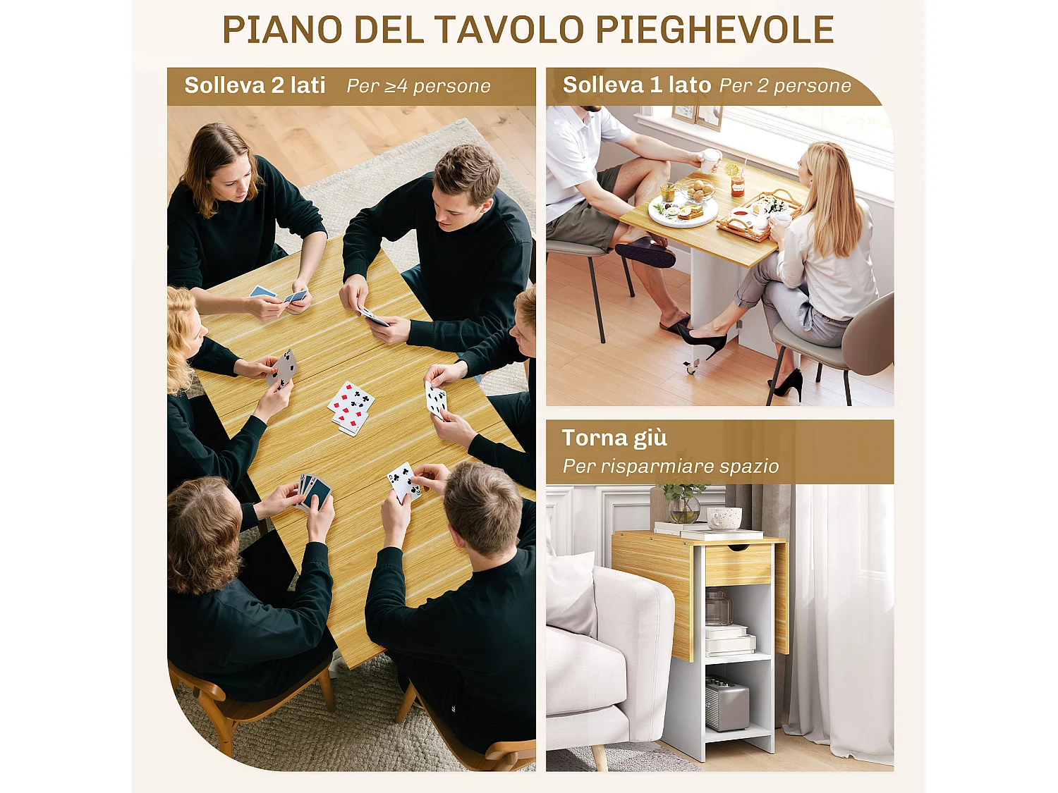 Tavolo pieghevole a 2 ribalte con cassetto e ripiani quercia