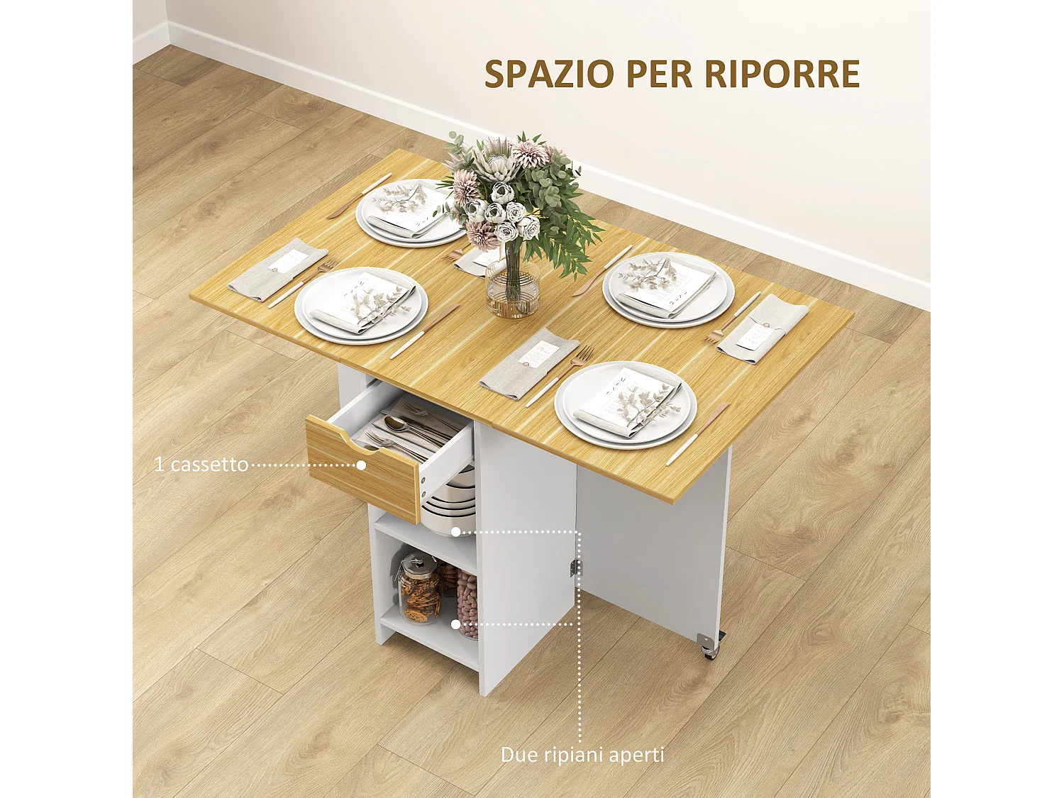 Tavolo pieghevole a 2 ribalte con cassetto e ripiani quercia