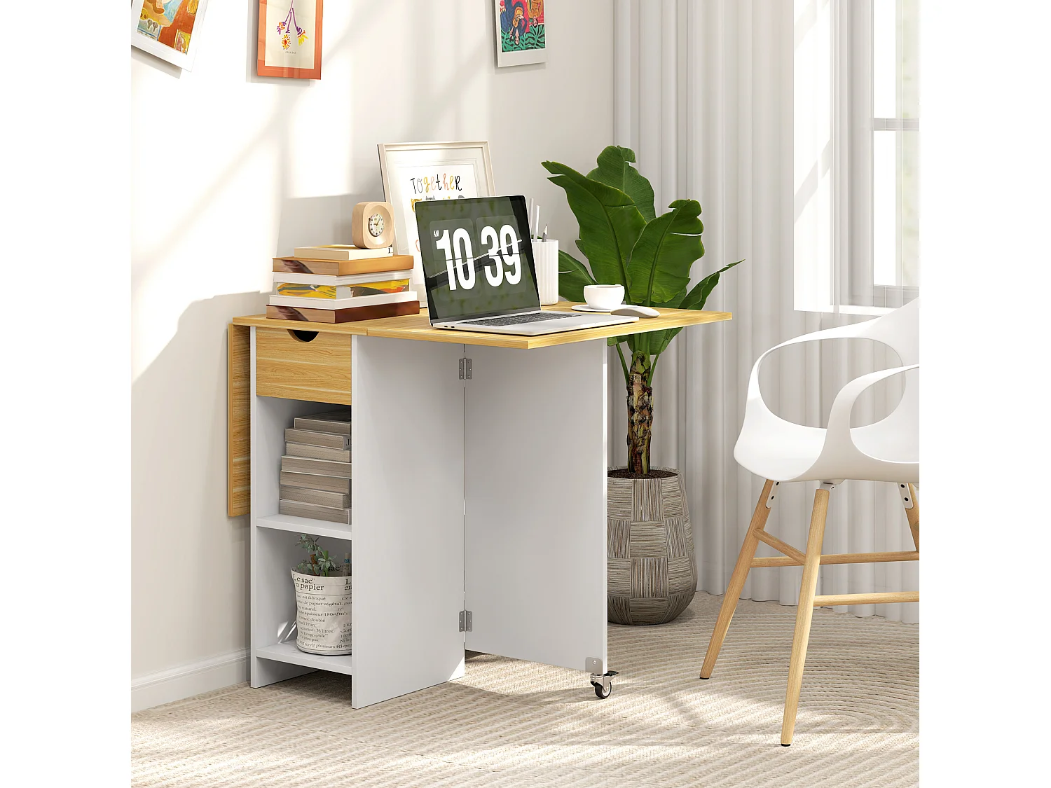 Tavolo pieghevole a 2 ribalte con cassetto e ripiani quercia