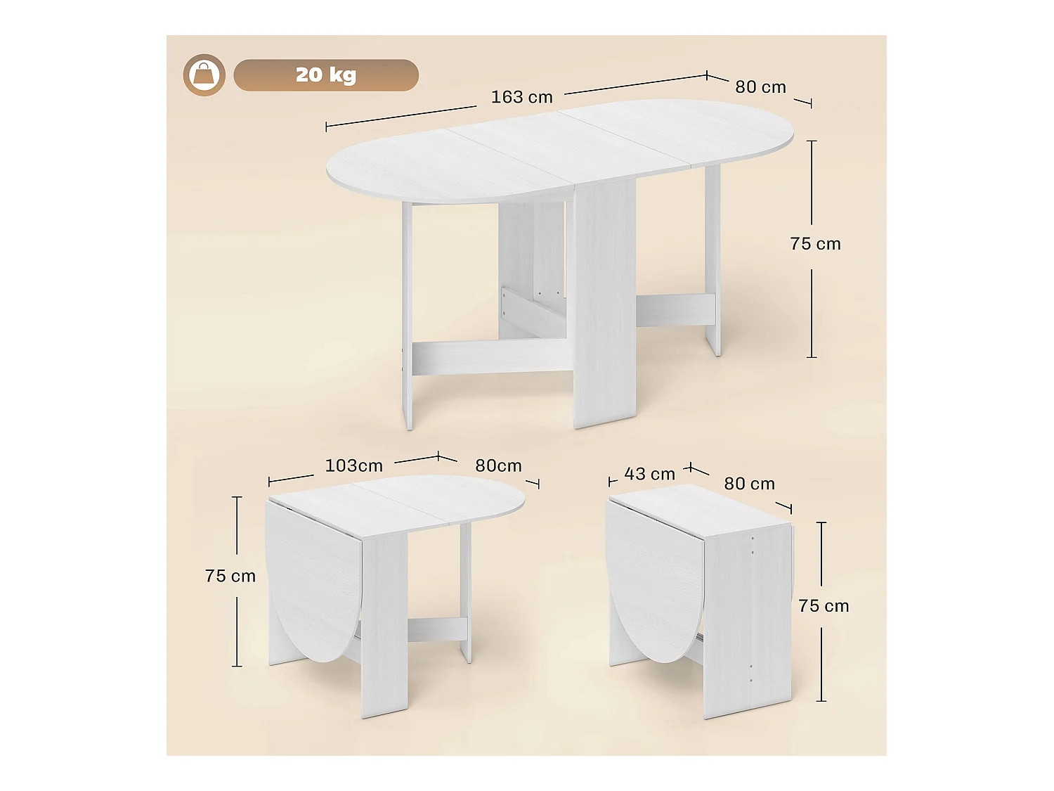 Tavolo pieghevole ovale con 2 ribalte per 6 persone bianco