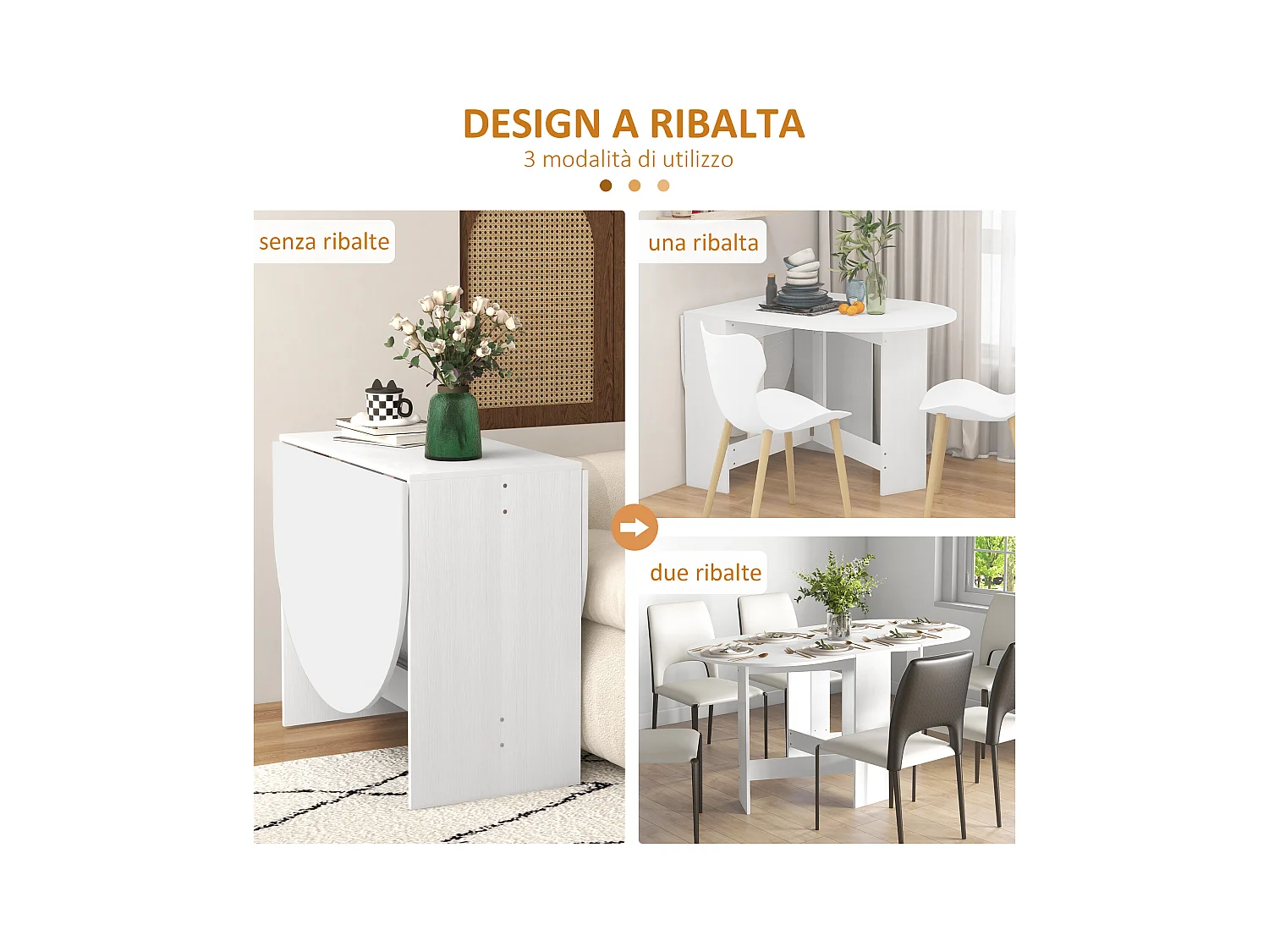 Tavolo pieghevole ovale con 2 ribalte per 6 persone bianco