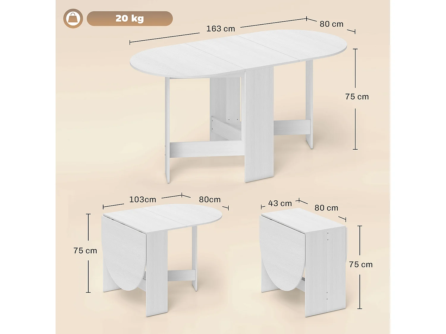 Tavolo pieghevole ovale con 2 ribalte per 6 persone bianco