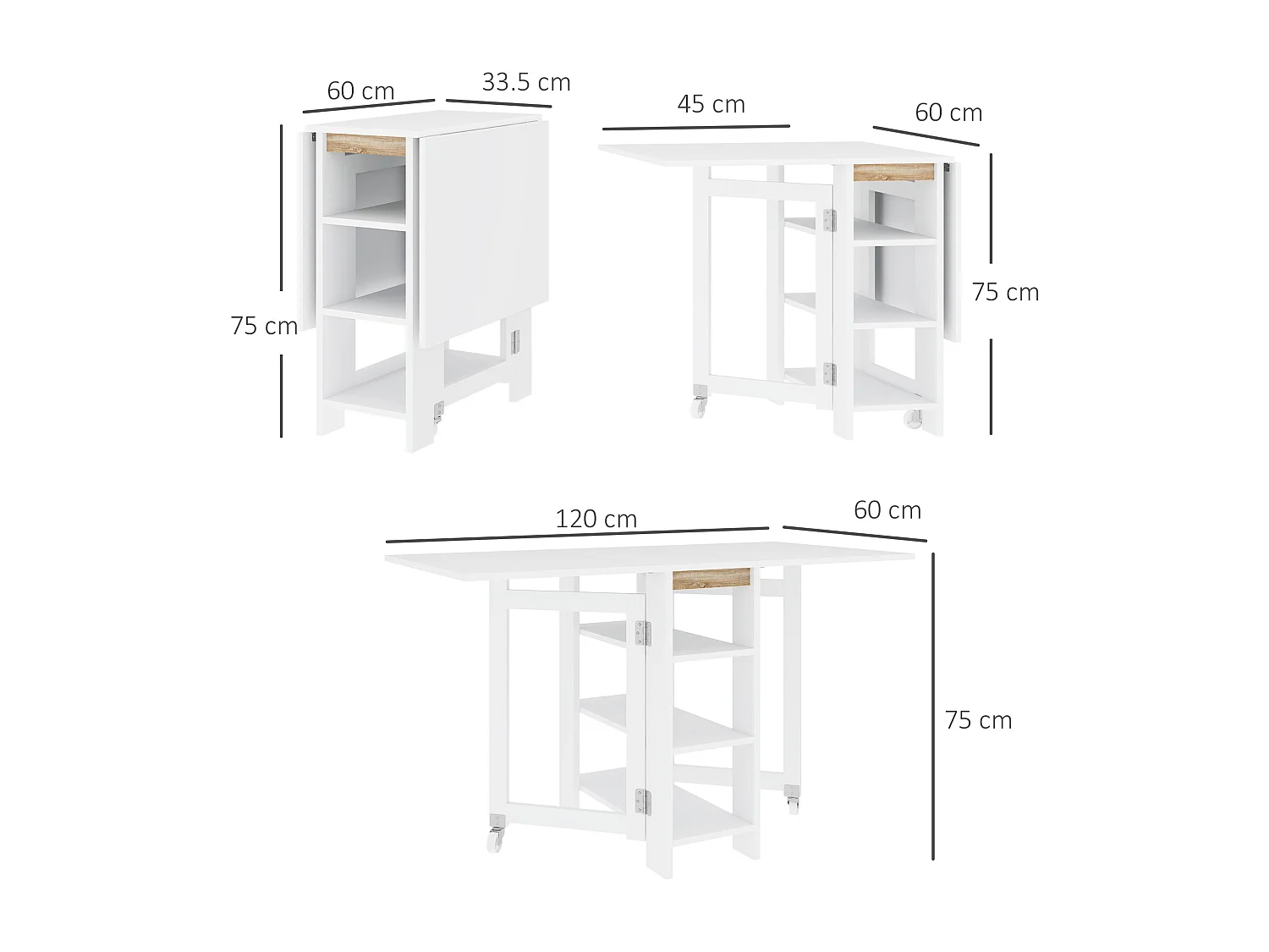 Tavolo pieghevole a 2 ribalte per 4 persone d ripiani bianco