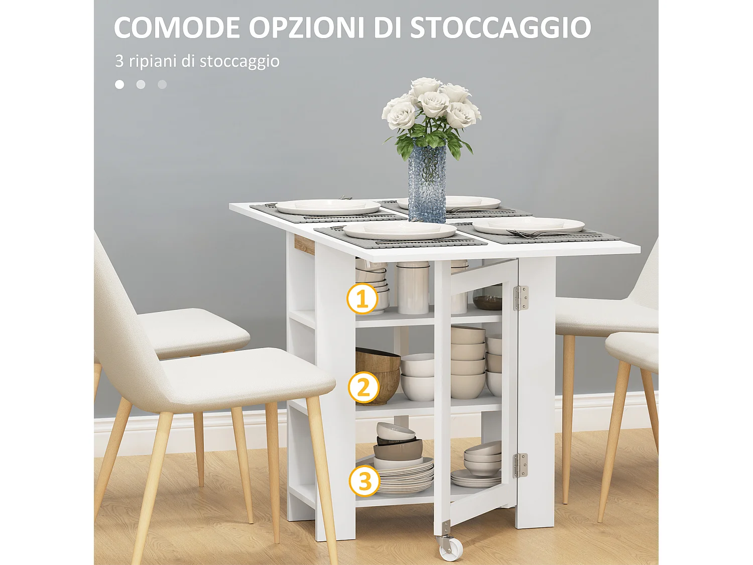 Tavolo pieghevole a 2 ribalte per 4 persone d ripiani bianco