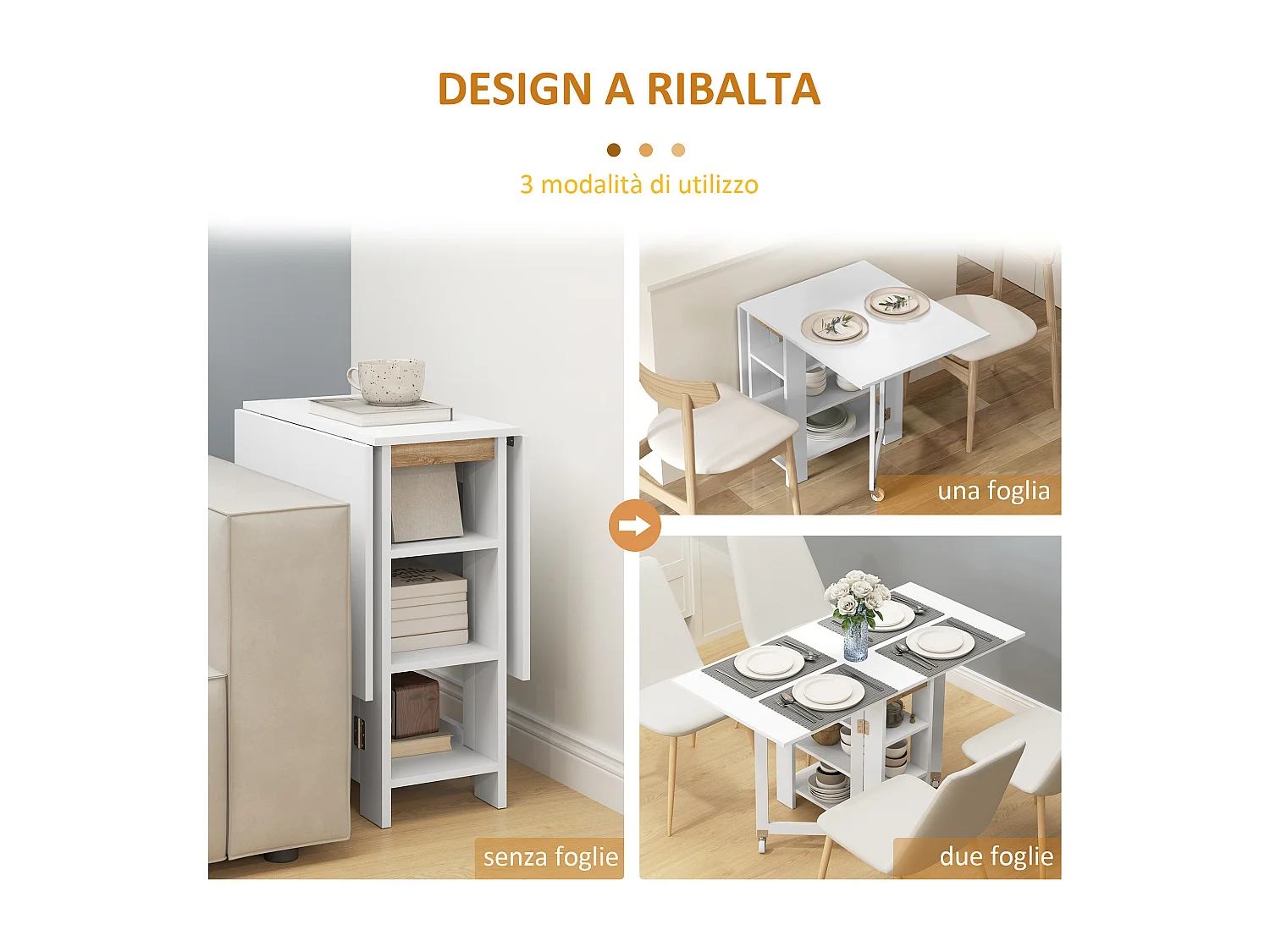 Tavolo pieghevole a 2 ribalte per 4 persone d ripiani bianco
