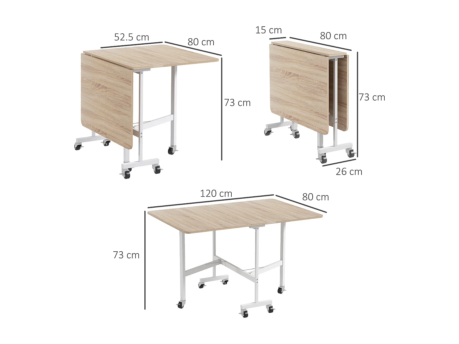 Tavolo da pranzo pieghevole 2 ribalte con rotelle marrone