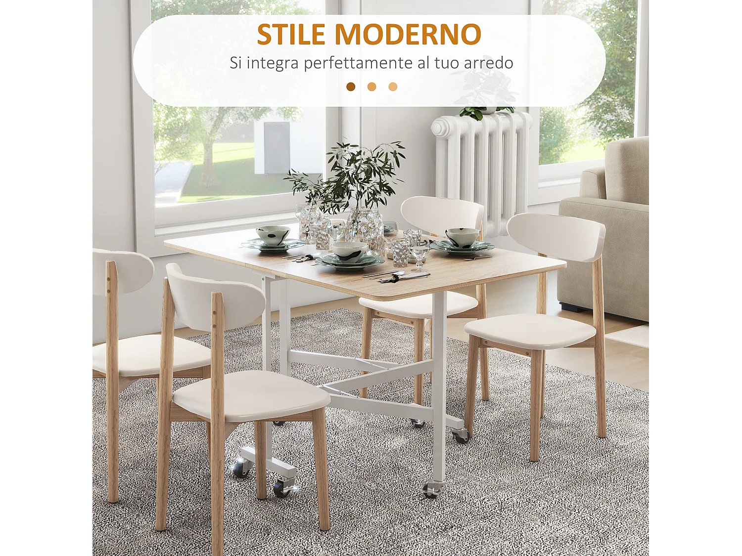 Tavolo da pranzo pieghevole 2 ribalte con rotelle marrone