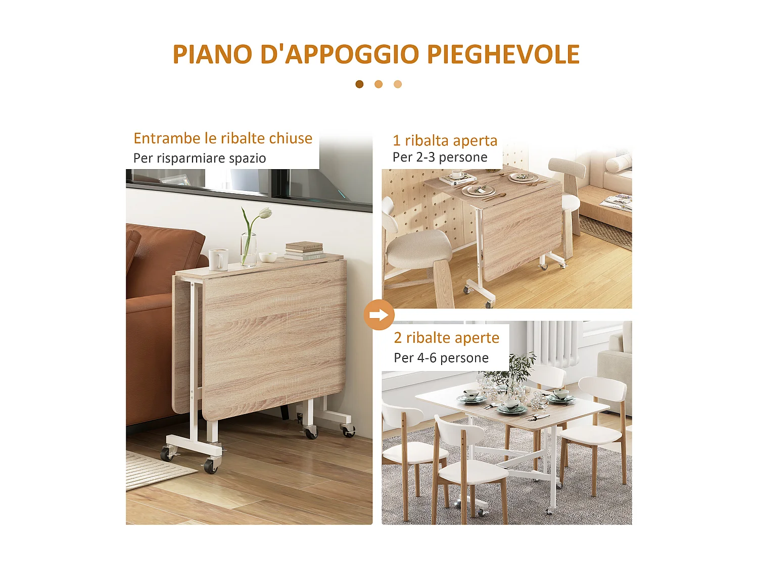 Tavolo da pranzo pieghevole 2 ribalte con rotelle marrone