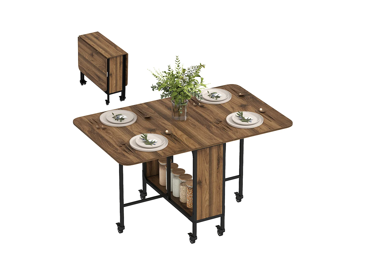 Tavolo pieghevole stile industriale con 6 ruote e mensola