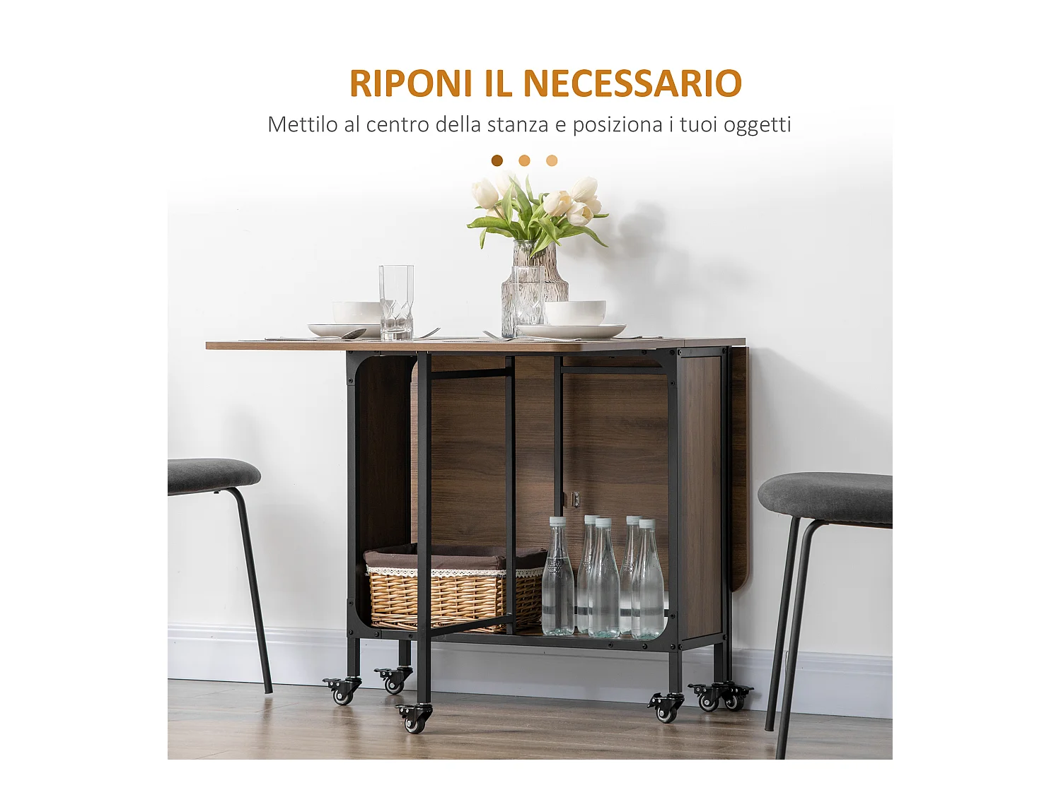Tavolo pieghevole stile industriale con 6 ruote e mensola