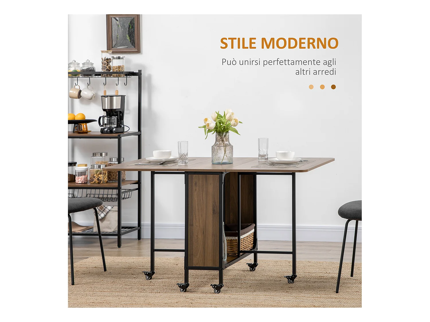 Tavolo pieghevole stile industriale con 6 ruote e mensola