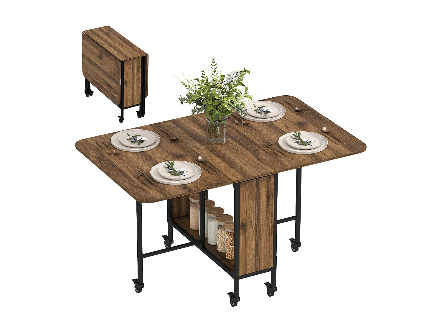 Tavolo pieghevole stile industriale con 6 ruote e mensola