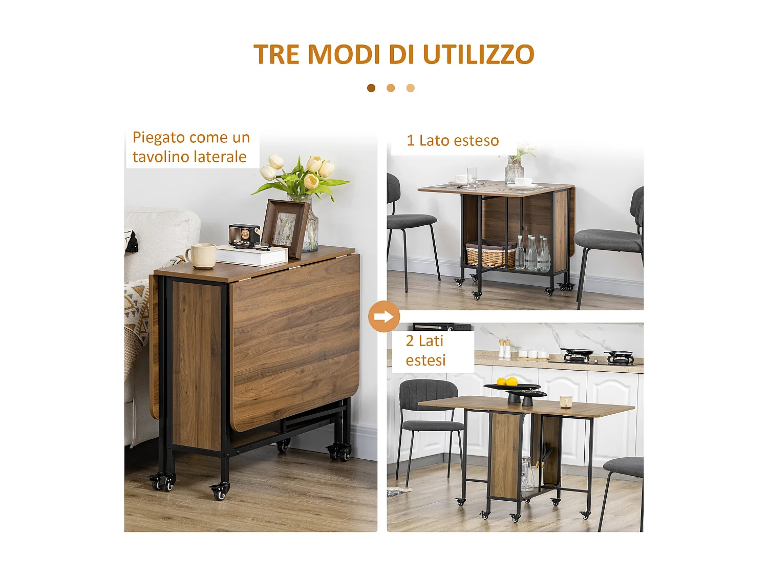 Tavolo pieghevole stile industriale con 6 ruote e mensola