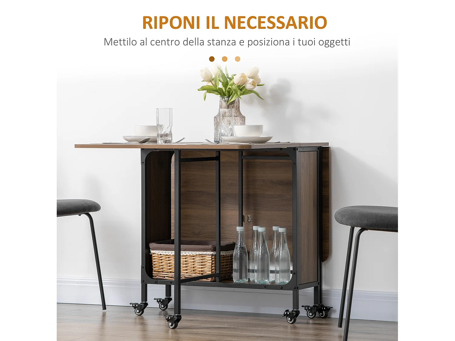 Tavolo pieghevole stile industriale con 6 ruote e mensola